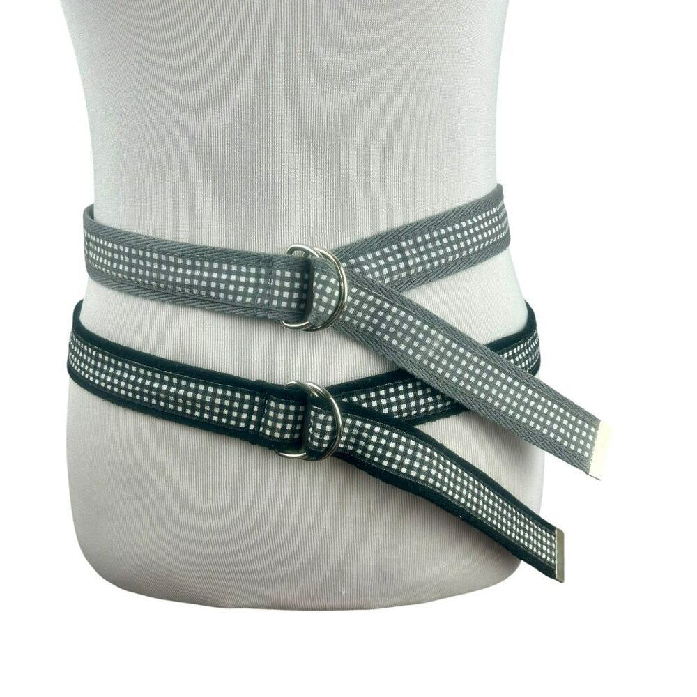 Karen Scott D Ring Belt Women Plus‎ 24 Black Gray Set of 2 Gingham Plaid Ribbon
